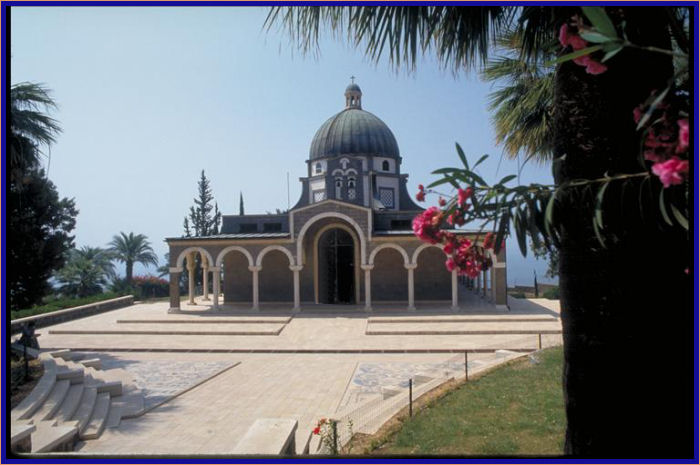 The Mount of Beatitudes Church stands on top of a hill on the northern shore of the Sea of Galilee
