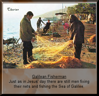 Galilean Fishermen mending their nets on sthe shore of the Sea of Galilee